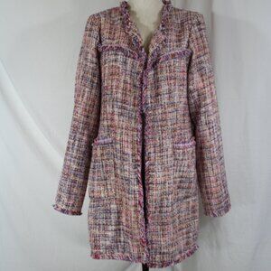 Laundry By Shelli Segal Fringe Pink Tweed Walker Coat Outerwear L Open Blazer